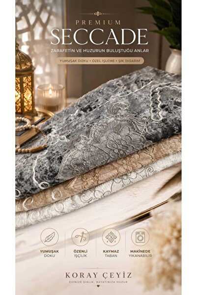 çeyizköşesi 3 Pieces Luxury Velvet Prayer Rug with Dowry Prayer Rug Laced