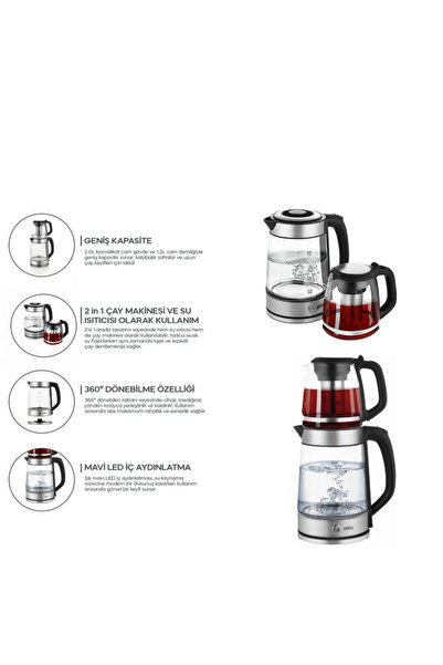 Sinbo 2'si 1 Arada Çaycı - Kettle - 2.0L + 1.2L Kapasite - Cam Gövde