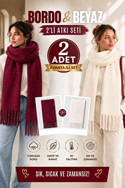Salt & Sandy Set de 2 eșarfe Ecru - Roșu Claret Premium Soft Buklet Unisex