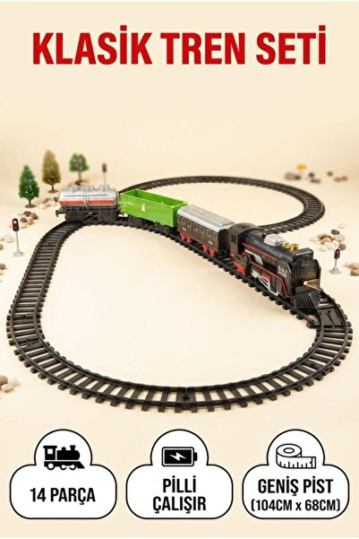 Tıfıl Toys 14 Parça Klasik Pilli Tren Seti Demiryolu Tren Oyunu 104x68 cm Ray...