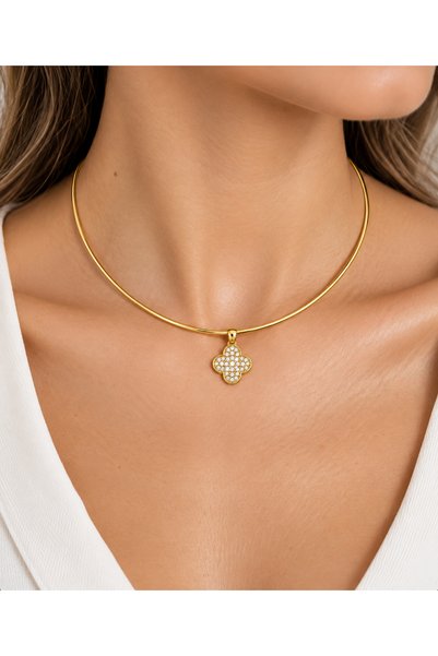 SY AKSESUAR 14K Kaplama Zirkon Taşlı Yonca Markiz Kolye – Gold Şık Tasarım