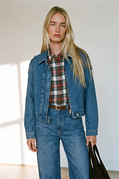 Sue Store Bomber Denim Jacket with Blue Epaulet Detail