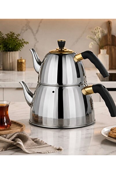 Kahramanlar 5 Parça 18/10 Paslanmaz Çelik Çaydanlık Takımı Gold Detaylı 2,5 L...