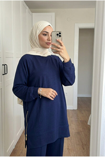 Kirazca Butik Women's Modal Fabric Double Side Zipper Long Tunic Pants Double Set