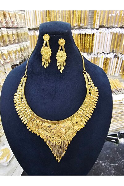 barisiva gold 22 AYAR ALTIN KAPLAMA HİNT KOLYE KÜPE SETİ ŞIK ÇİÇEK DETAYLI