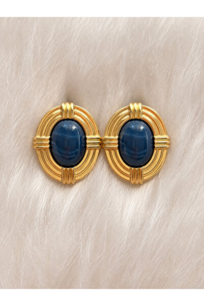 Riviera Lacivert Kabaşon Taşlı Geometrik Gold Renk Vintage Kadın Küpe