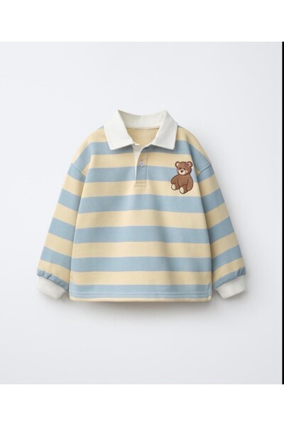MİNİMELO BABY Çocuk Polo Yaka Çizgili Ayıcık Nakışlı Sweatshirt mavi