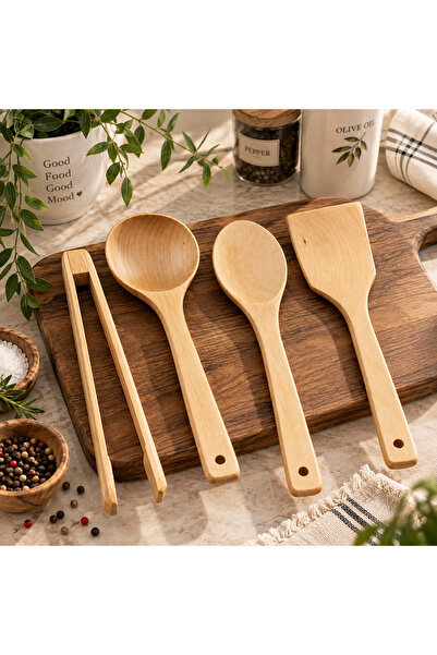 4 Parça Ahşap Mutfak Gereçleri Seti- Bambu Kaşık Spatula Maşa