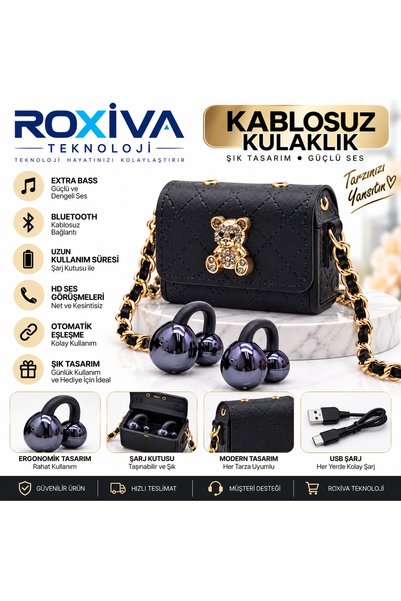 ROXİVA Bluetooth Kablosuz Küpe Kulaklık Extra Bass TWS Çanta Tasarımlı Ayıcık...