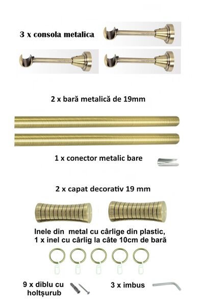 Perdegal Galerie metalica Febris Simpla Clasica 19mmx280cm, cu Inele din Metal, Antique Brass