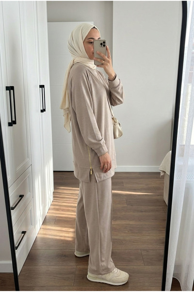 Kirazca Butik Kadın Modal Kumaş Çift Yan Fermuarlı Uzun Tunik Pantolon İkili ...