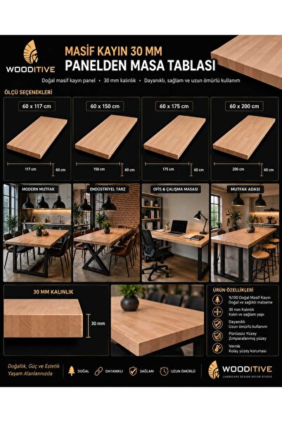 Wooditive Masa Tablası Arayanlara Masif Ahşap Kayın Panel Vernikli 30 mm Kalı...
