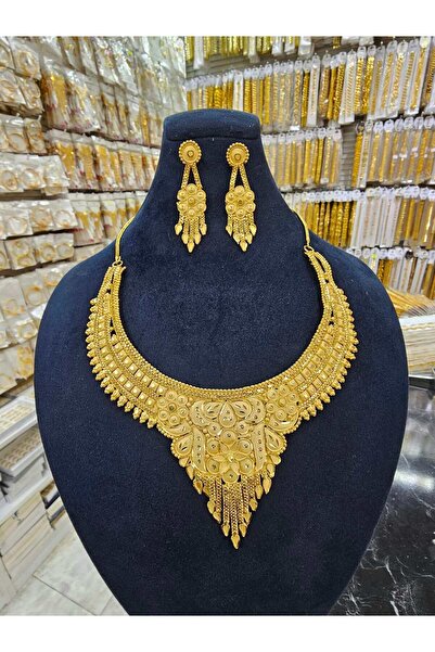 barisiva gold 22 AYAR ALTIN KAPLAMA HİNT KOLYE KÜPE SETİ ŞIK ÇİÇEK DETAYLI