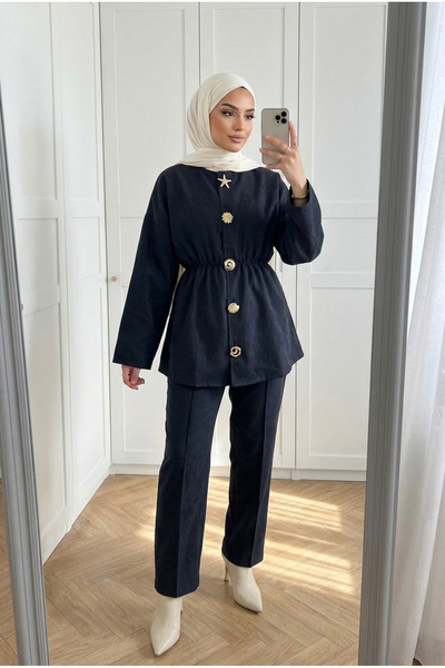 Kirazca Butik Kadın Koyu Lacivert Beli Büzgülü Süet Dokulu Ceket Pantolon İki...
