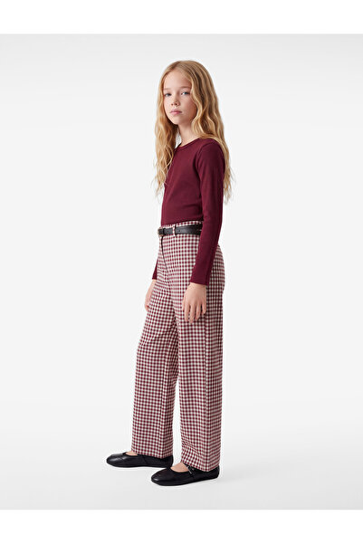 Koton Belted High Waist Wide Leg Plaid Trousers