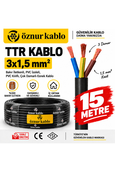ÖZNUR 3x1,5 mm² TTR Siyah Kablo 15 metre