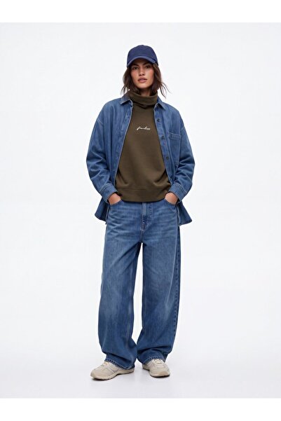 Ltb Relaxed Fit High Collar Minimal Printed Green Sweatshirt