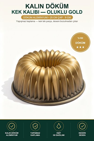 viracasa Kalın Döküm Kek Kalıbı Oluklu Gold 25 cm çap Yapışmaz Bundt Pasta Ka...