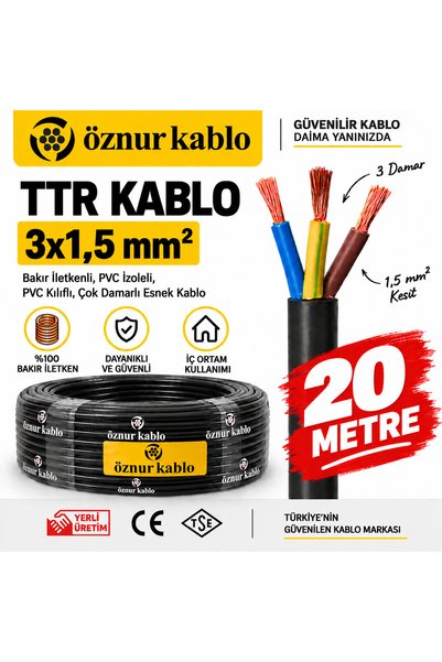 ÖZNUR 3x1,5 mm² TTR Siyah Kablo 20 metre