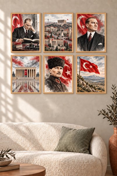 HOPE DİZAYN Atatürk Özel Serisi 6’lı Çerçeve Görünümlü Duvar Tablosu Seti