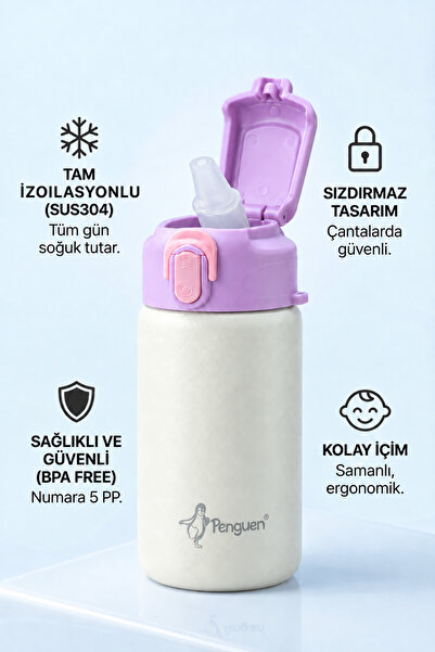 Penguen Çocuk Pipetli Çelik Suluk ve Matara 500 ml Sızdırmaz BPA Free SUS304 ...