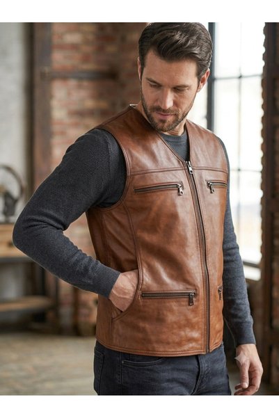 ArdaStilDeri Genuine Leather Style Zippered Leather Vest