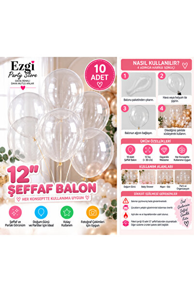Ezgi Party Store 10 Adet 12 İnç Şeffaf Balon Doğum Günü Parti Süsleme Balonu ...