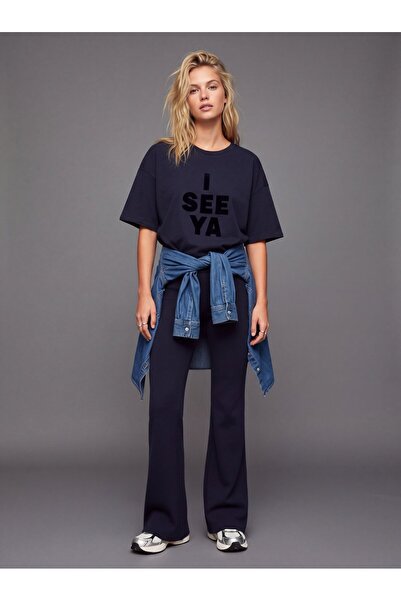 Ltb Relaxed Fit Velvet Letter Print Navy Blue T-Shirt