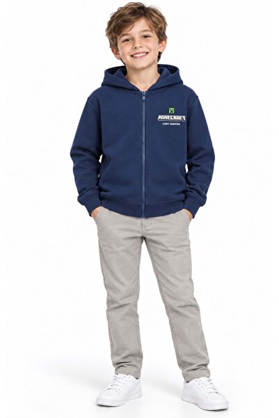 Mavi M6S10187 Minecraft Baskılı Fermuarlı Kapüşonlu Çocuk Sweatshirt LACİVERT