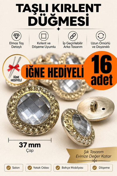 Minderra 16 Adet - İğne Hediyeli İpli -Elmas Taşlı 38mm Koltuk Minder Yastık ...