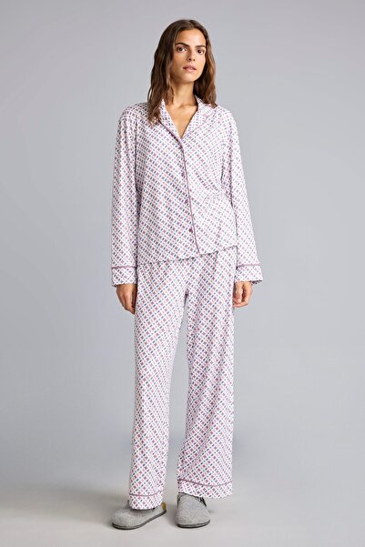DeFacto Regular Fit Patterned Ribbed Long Sleeve Pajama Set H9100Ax26Au