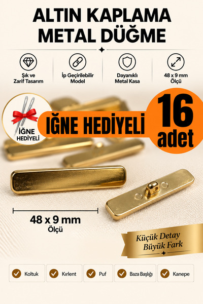 Minderra 16 Adet - İğne Hediyeli İpli - Altın Kaplama Metal Dikdörtgen 48x9 m...
