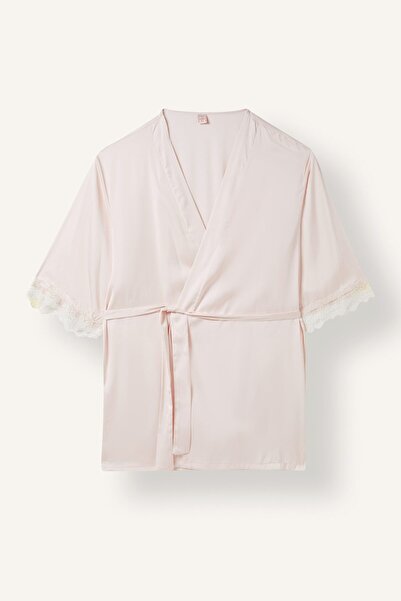 DeFacto Regular Fit Wrap Collar Lace Detailed Satin Long Sleeve Dressing Gown...