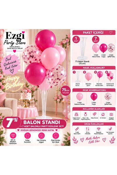 Ezgi Party Store 7'li Balon Standı 75 cm + 7 Adet Balon Makaron Pembe Fuşya Ş...