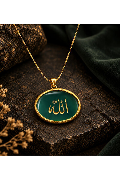 Trinkacollection Allah Yazılı Türbe Yeşili Taşlı Gold Kolye – İnce Zincirli M...