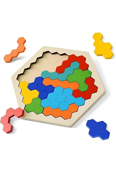 ALMEKAQUZ Hexagon Tangram Puzzle, Wooden Brain Teaser Puzzle for Adults, Chal...