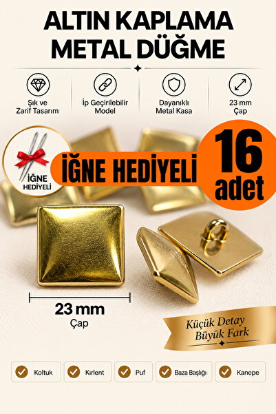 Minderra 16 Adet - İğne Hediyeli İpli - Altın Kaplama Metal Kare 20 mm Koltuk...
