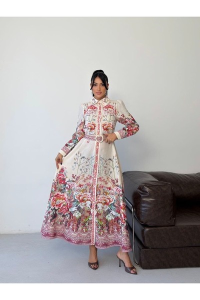 suphias Women's Floral Patterned Belted Long Dress