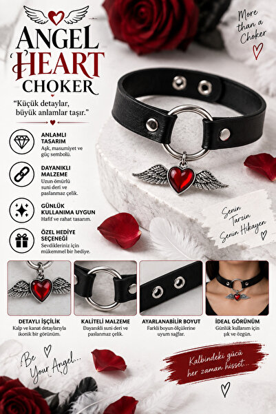 FG KONNİCHİWA Angel Heart Kanatlı Kırmızı Kalp Figürlü Siyah Choker Kolye – G...