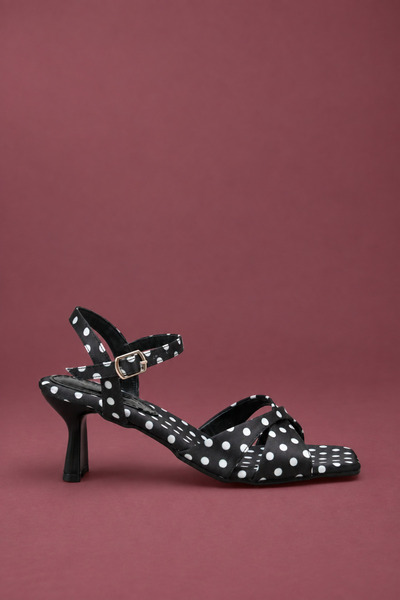 UNDERRATED Women's Satin Polka Dot Square Toe Ankle Strap Thick Heeled Sandals