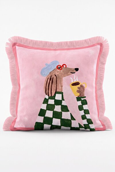 IdeCraft Kahve İçen Gözlüklü Ressam Köpek Figürlü Dama Desenli Saçaklı Kırlen...