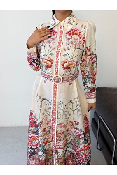 suphias Women's Floral Patterned Belted Long Dress
