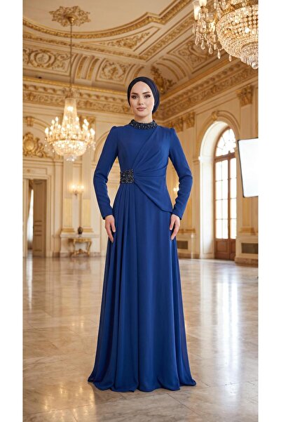 perfectmegastore Çınar Özkan Yaka ve Beli Taş Detaylı Abiye Elbise-5205