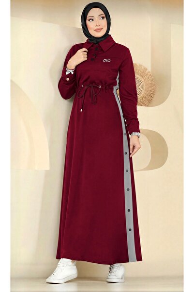 lamaro Button Detailed, Adjustable Waist Drawstring and Striped Hijab Dress