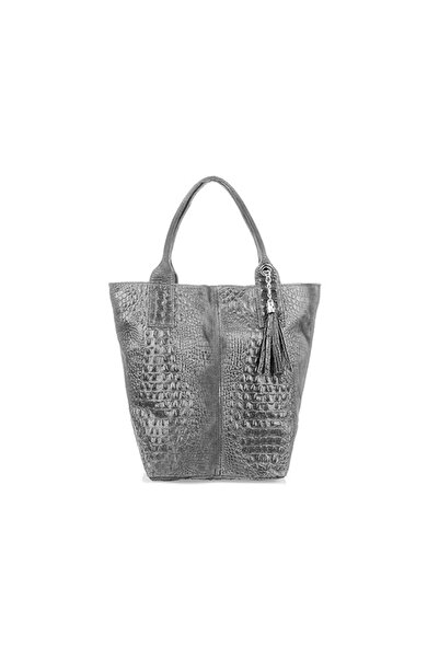 Vera Pelle Geantă shopper mare din piele gri, cu aspect de crocodil, cu borse...