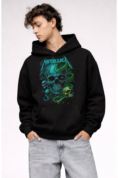 Fuddy Moda Unisex Oversize Φούτερ με κουκούλα με στάμπα κρανίων της ροκ μπάντ...