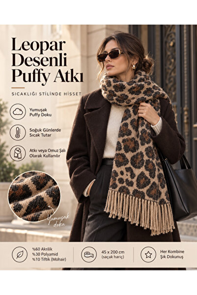 comerciante Puffy Leopar Desenli Kadın Atkı Şal Yumuşak Dokulu Püsküllü Kışlı...