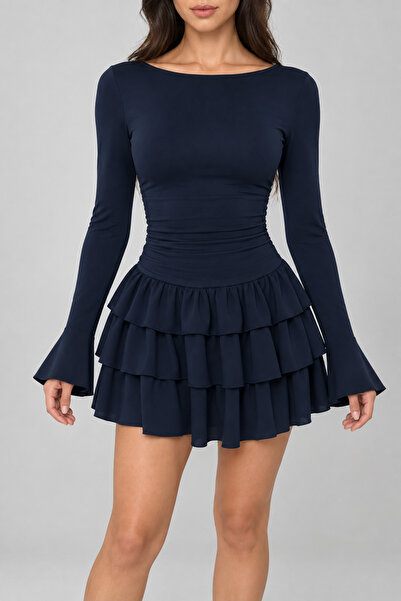 sarebutik Women's Navy Blue Long Sleeve Skirt with Ruffles Mini New Season Dress