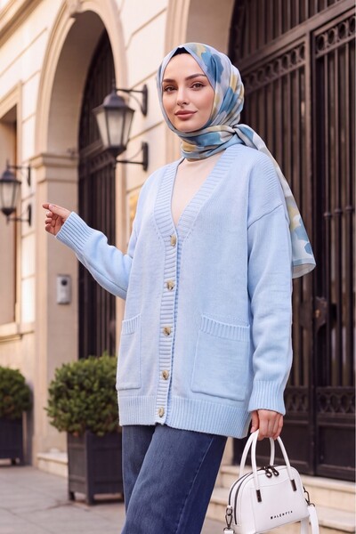 Modamorfo Buttoned Double Pocket Casual Knitwear Cardigan - Baby Blue
