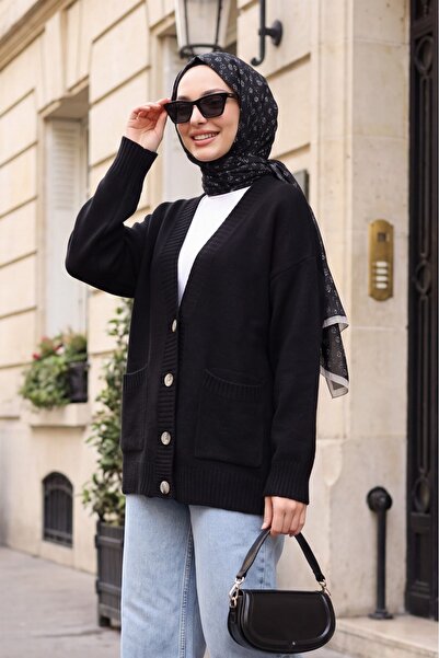Modamorfo Buttoned Double Pocket Casual Knitwear Cardigan - Black